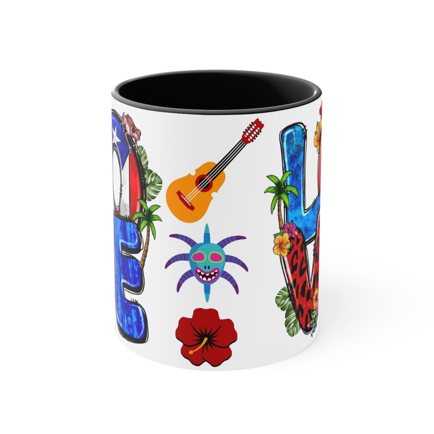 LOVE PUERTO RICO Mug with Puerto Rican Elements - Mugscity - Free Shipping - Available with Red, Blue or Black Accents