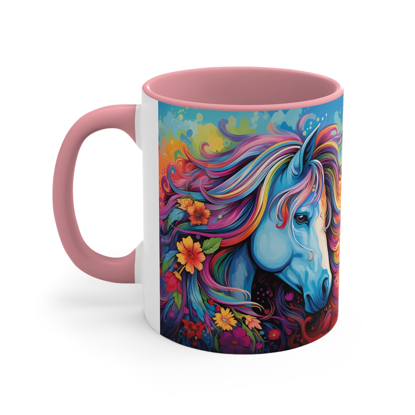 Bright ceramic mug featuring a blue horse with a multicolored rainbow mane, surrounded by flowers. Available in various accent colors. 11oz.