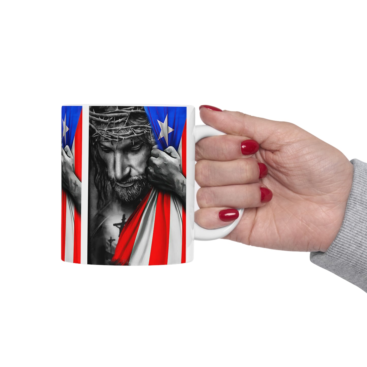 JESUS HUGGING PUERTO RICAN FLAG MUG - WHITE - MUGSCITY - Free Shipping