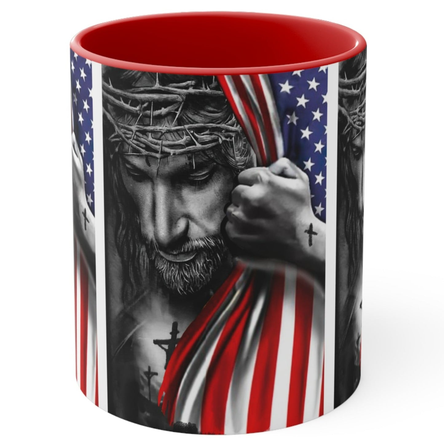 JESUS HUGGING USA FLAG MUG - Red- Navy-Black Accents - MUGSCITY - Free Shipping