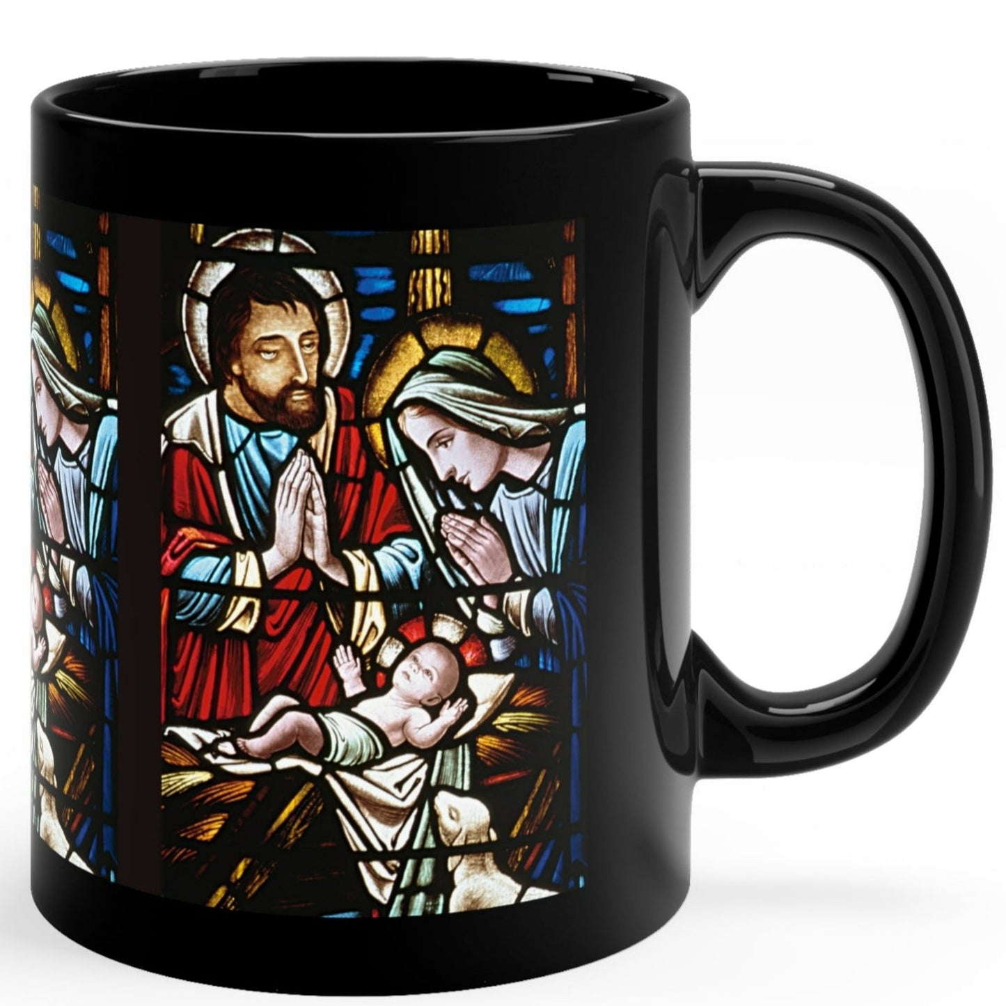 Glossy black Christmas mug with stained glass nativity scene of baby Jesus, Mary, and Joseph