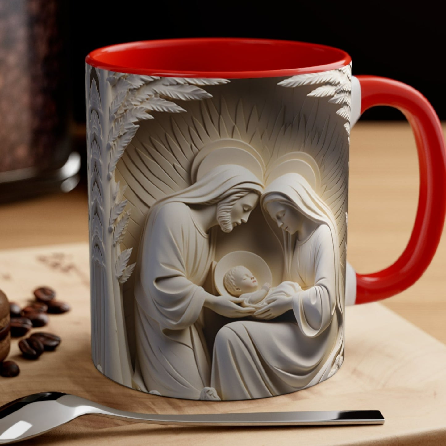 Christmas mug with 3D stone-look nativity scene of Mary, Joseph, and baby Jesus