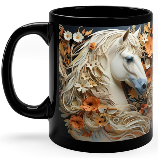 Glossy black ceramic mug featuring a white horse with a flowing floral mane surrounded by orange and cream flowers. 11oz, microwave and dishwasher safe.