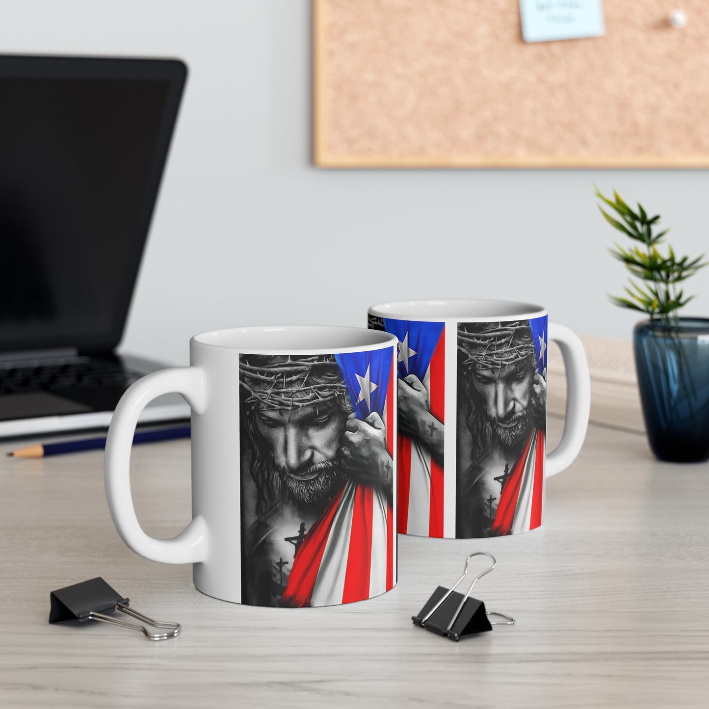 JESUS HUGGING PUERTO RICAN FLAG MUG - WHITE - MUGSCITY - Free Shipping