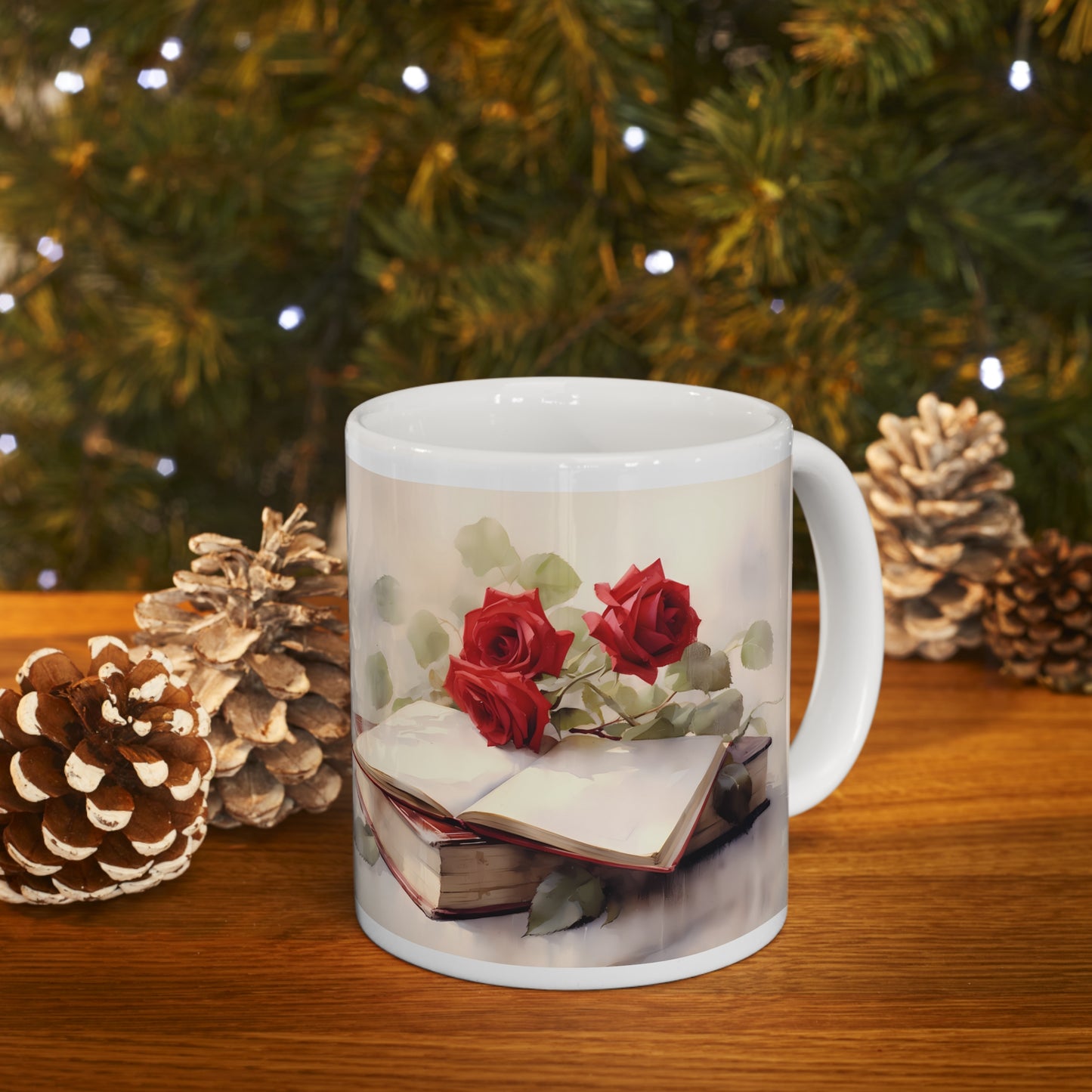 ROSES AND BOOKS (ANTIQUE LOOK) MUG - WHITE - MUGSCITY - Free Shipping