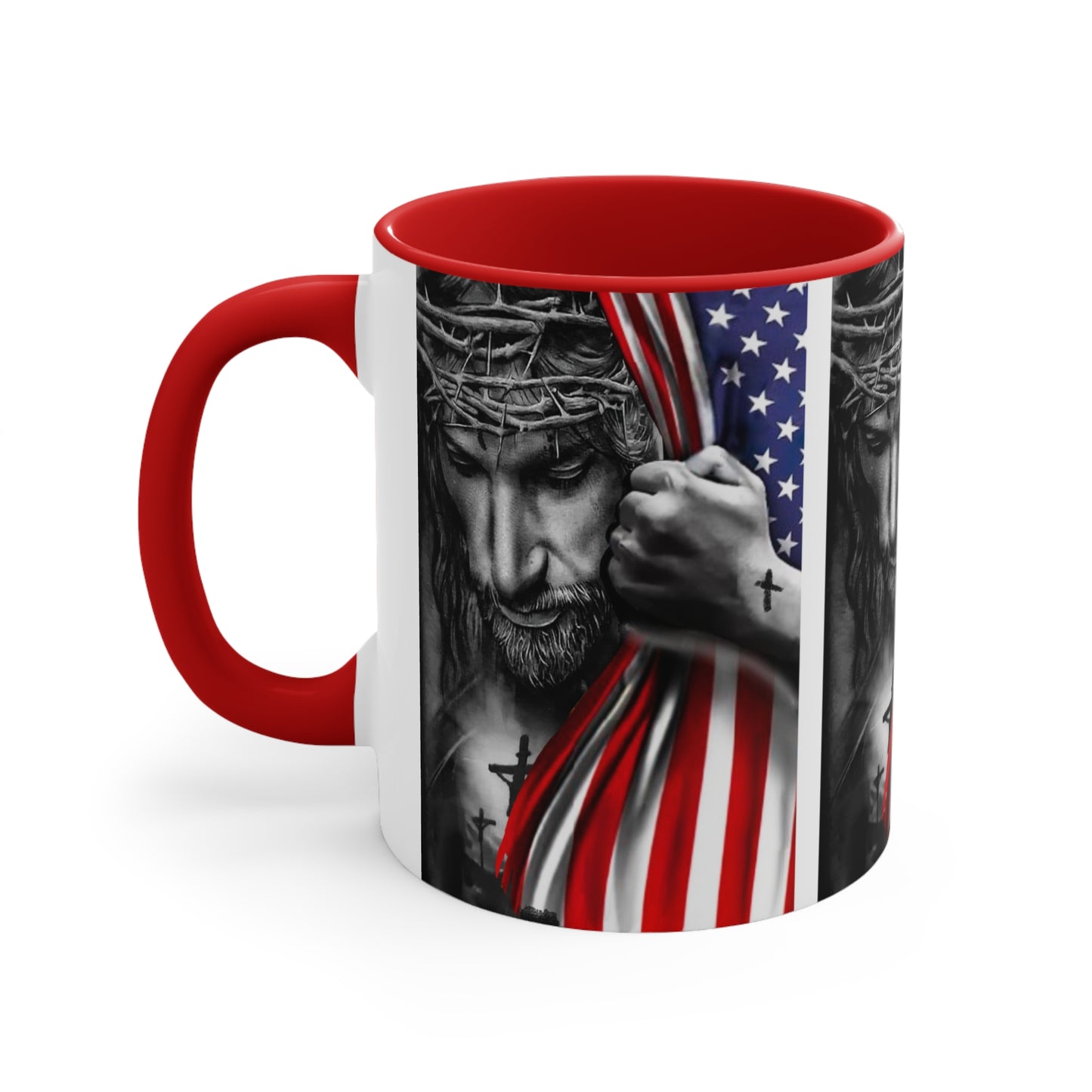 JESUS HUGGING USA FLAG MUG - Red- Navy-Black Accents - MUGSCITY - Free Shipping