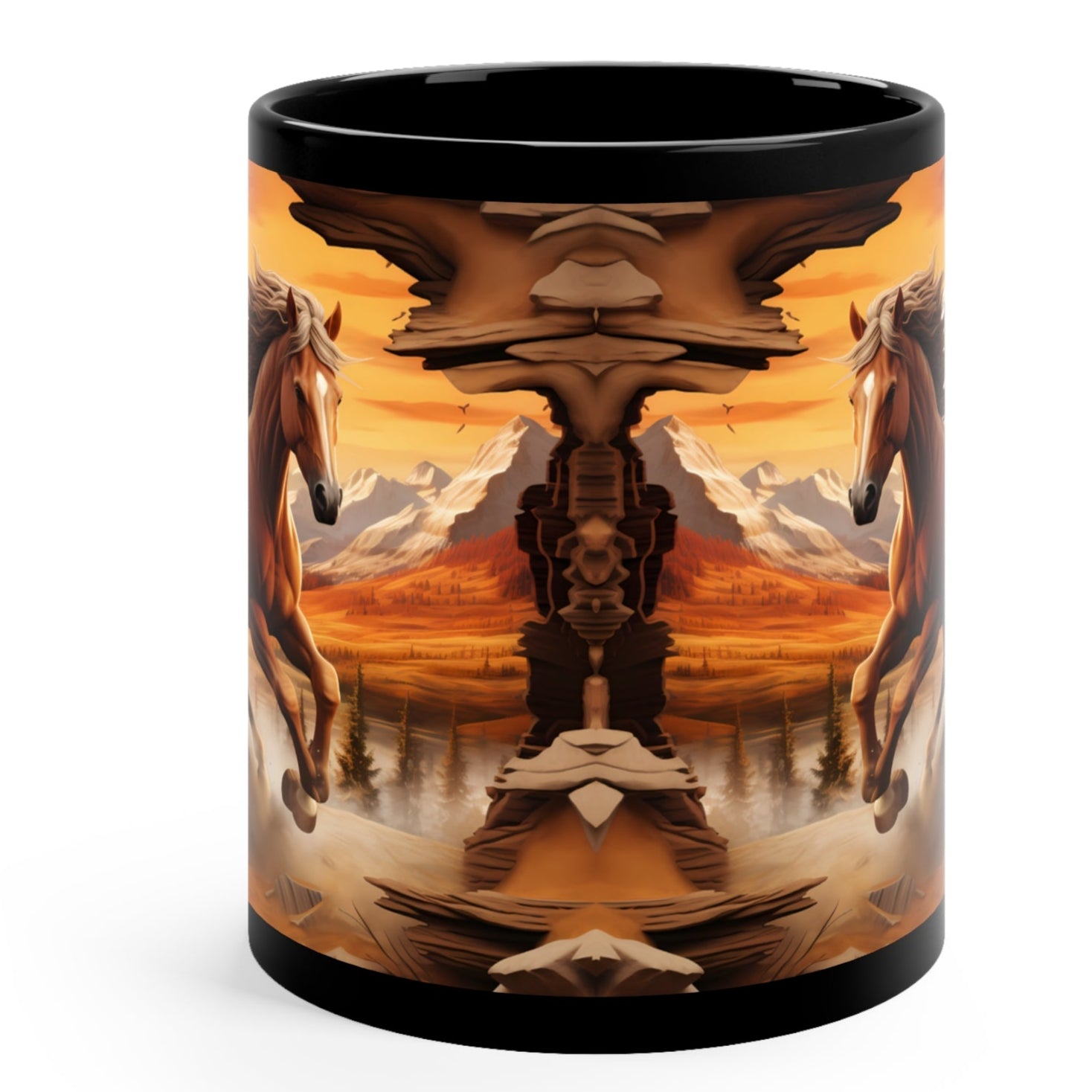 Glossy black ceramic mug featuring a powerful wild horse galloping through a canyon landscape at sunset. 11oz, microwave and dishwasher safe.