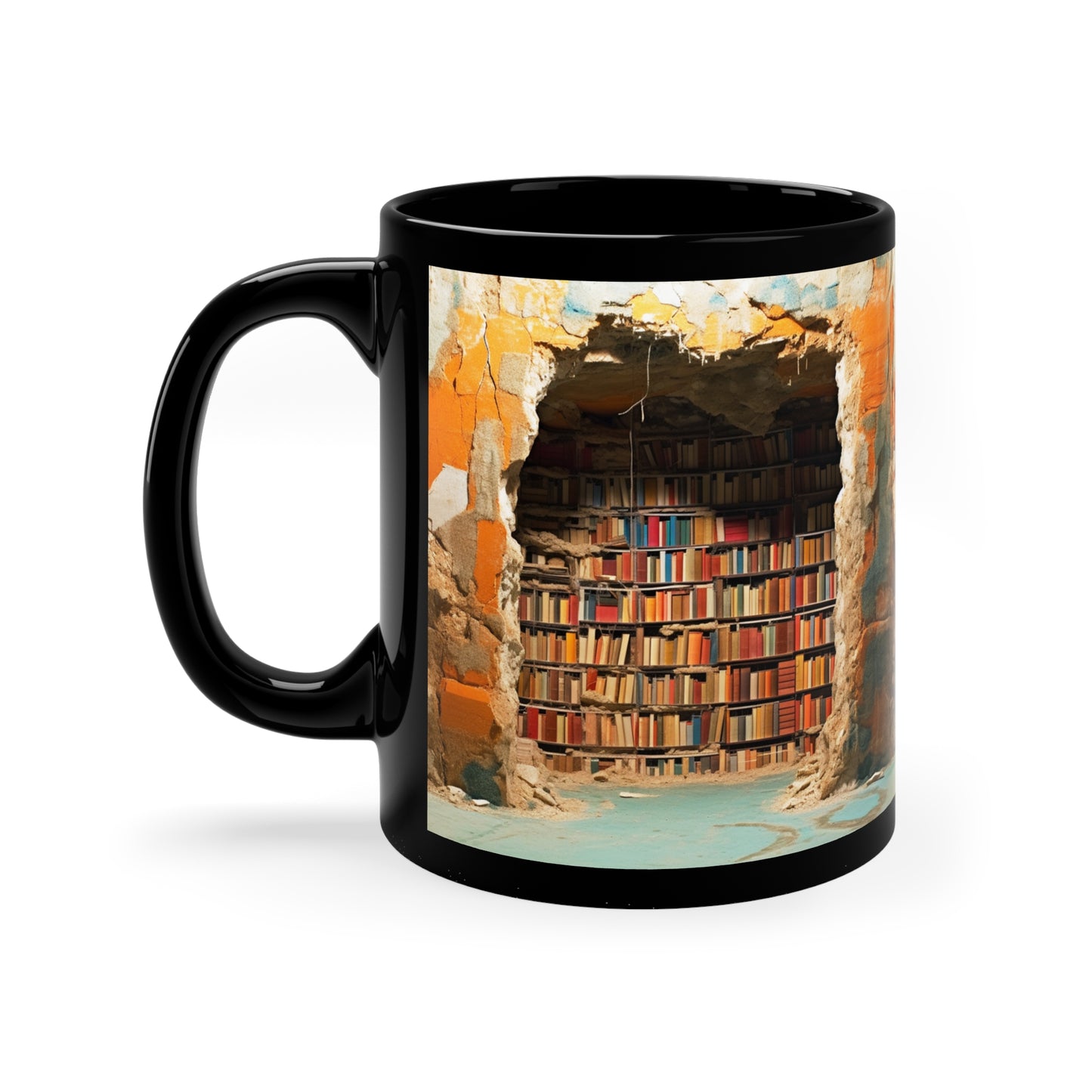 BOOKSHELF CAVE MUG - 3D LIBRARY BEHIND CRACKED WALL | MUGSCITY 23