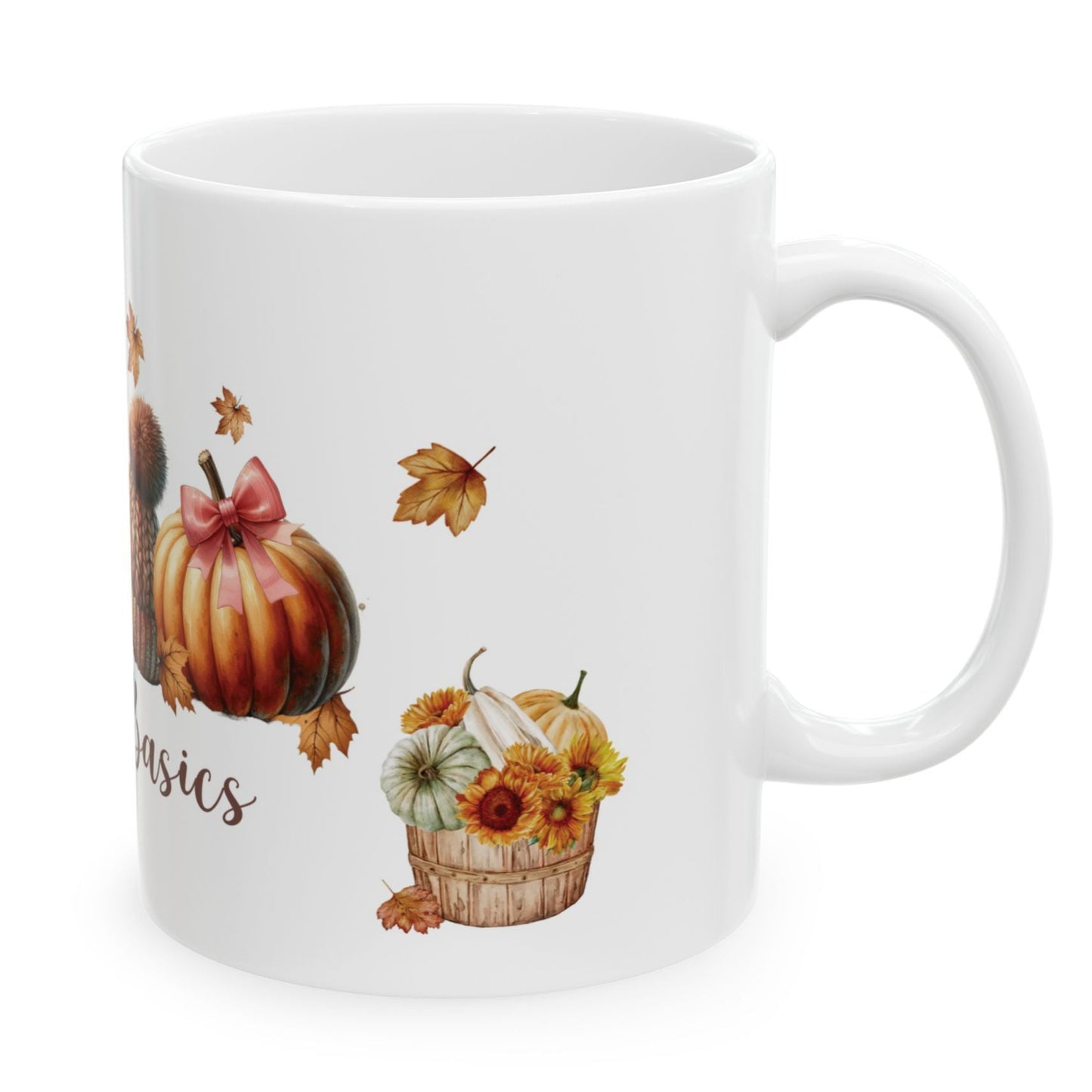 Pumpkin spice fall mug with cozy boots, coffee, and pumpkins by Mugscity23