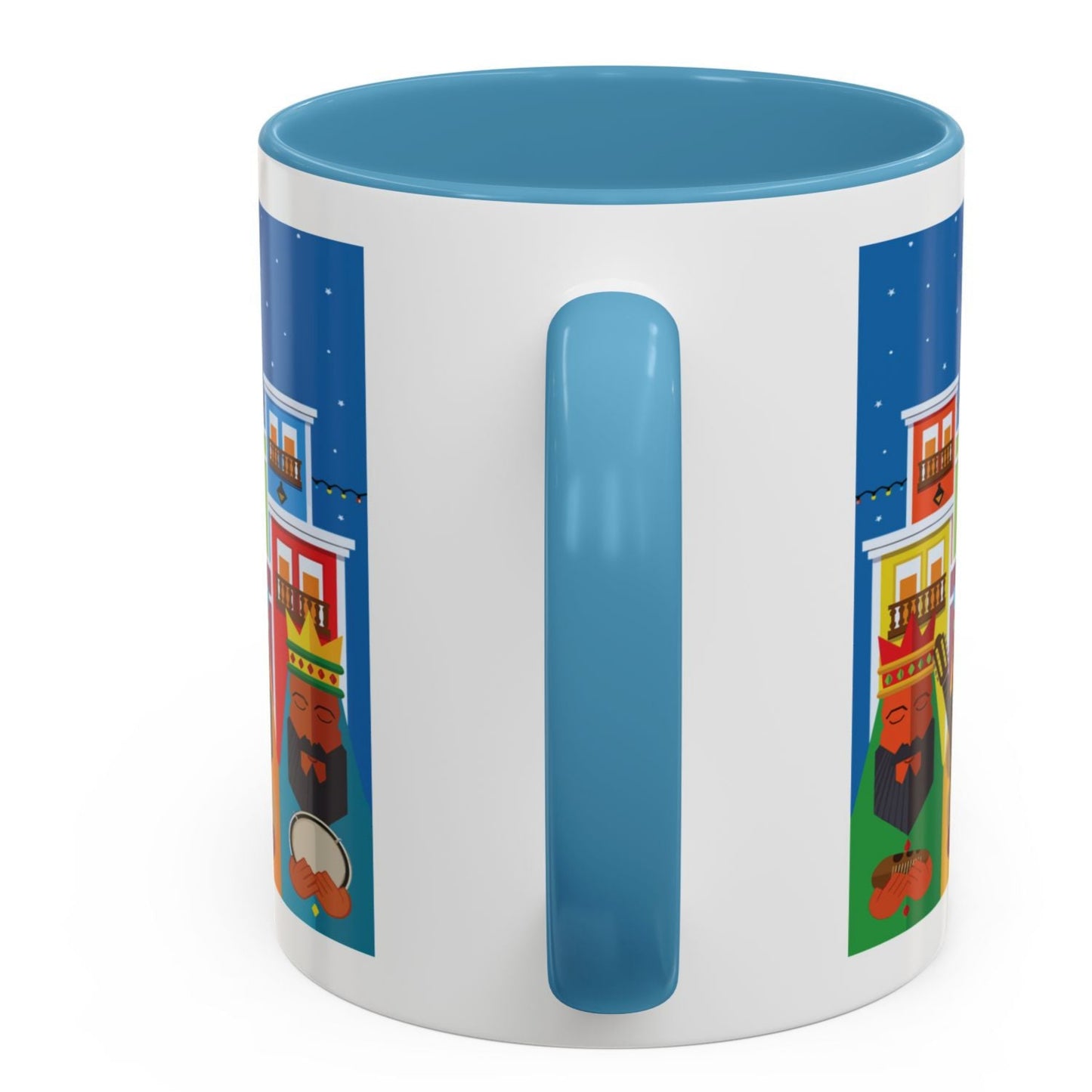 THREE KINGS IN OLD SAN JUAN COFFEE MUG TAZA TRES REYES MAGOS EN SAN JUAN. ASA E INTERIOR AZUL. BLUE ACCENTS.