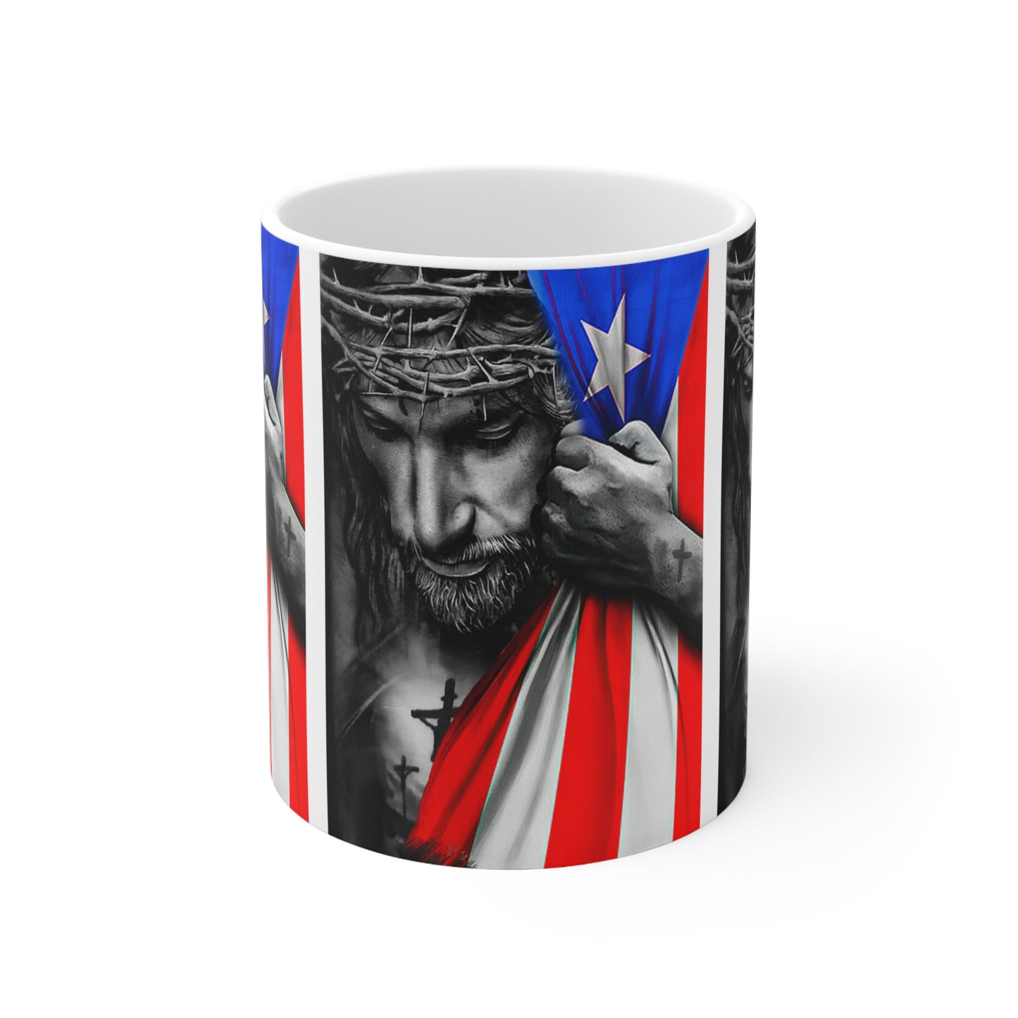 JESUS HUGGING PUERTO RICAN FLAG MUG - WHITE - MUGSCITY - Free Shipping