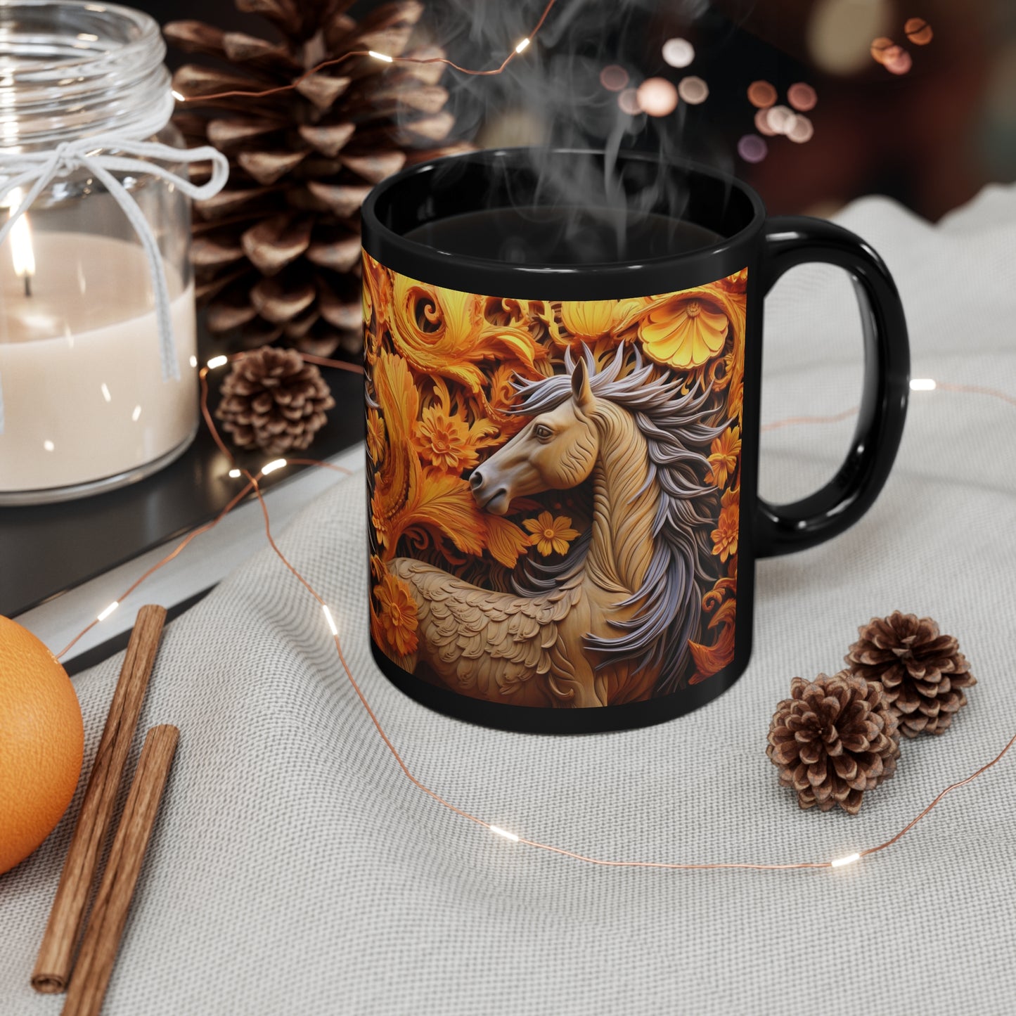 Glossy black ceramic mug featuring a sculpted-style tan horse with flowing gray mane and ornate golden floral background. 11oz, microwave and dishwasher safe.