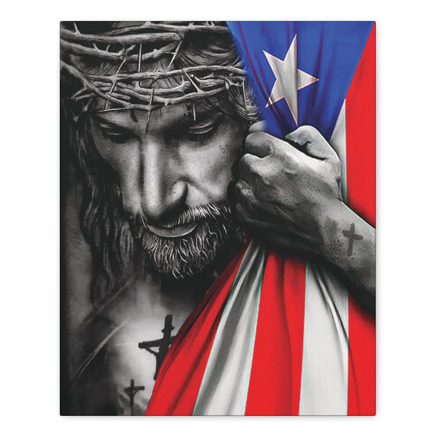 Canvas wall art of Jesus with Puerto Rican flag and crosses – 12x16 or 16x20 by Mugscity