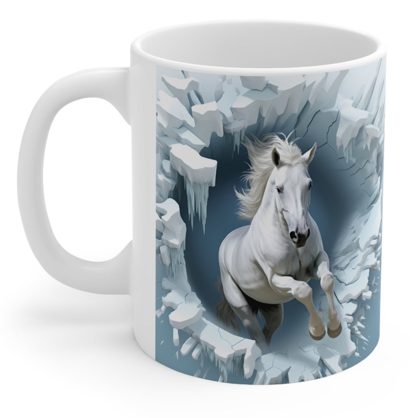 Ceramic mug featuring a dynamic 3D image of a white galloping horse. 11oz, microwave and dishwasher safe.