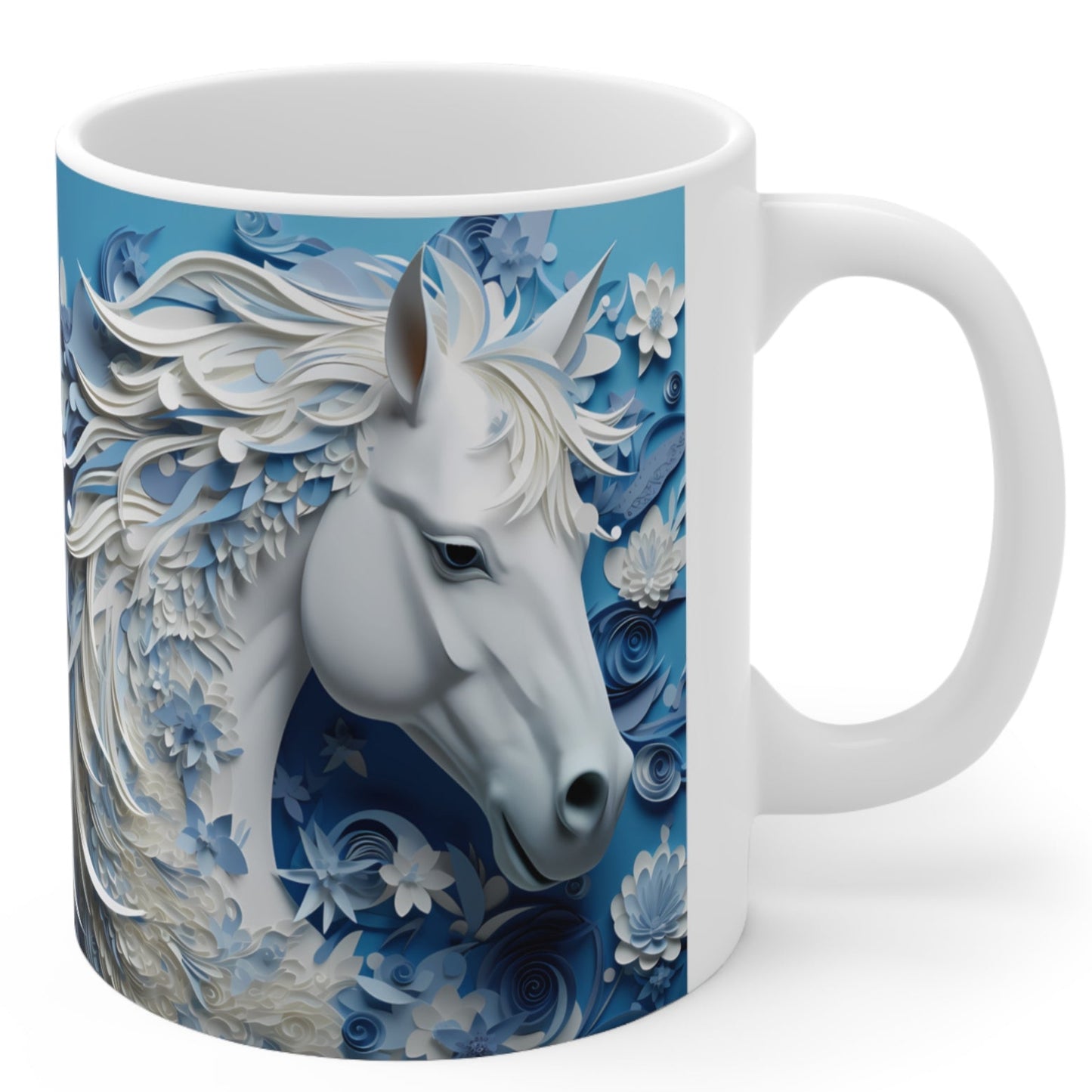 White ceramic mug featuring a sculpted-style white horse with flowing blue and white floral mane on a cool blue background. 11oz, microwave and dishwasher safe.