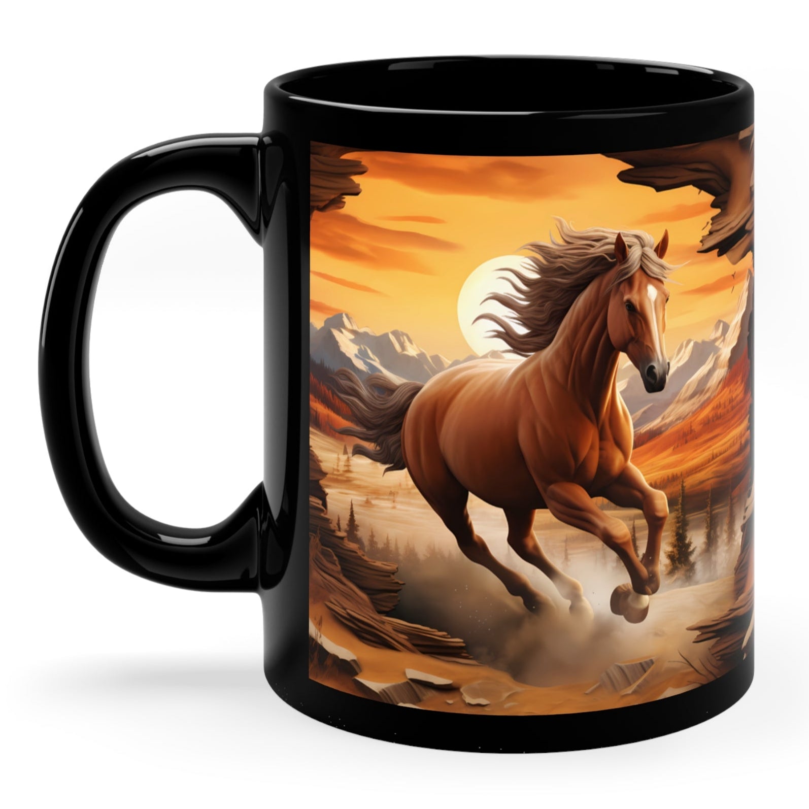Glossy black ceramic mug featuring a powerful wild horse galloping through a canyon landscape at sunset. 11oz, microwave and dishwasher safe.