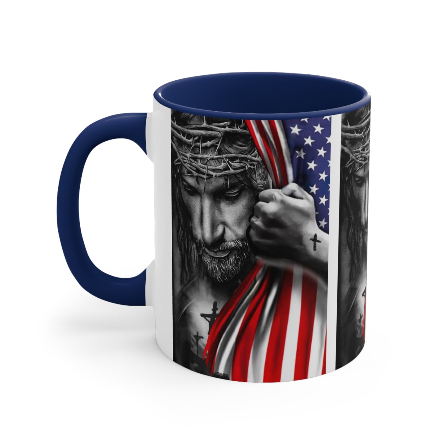 JESUS HUGGING USA FLAG MUG - Red- Navy-Black Accents - MUGSCITY - Free Shipping