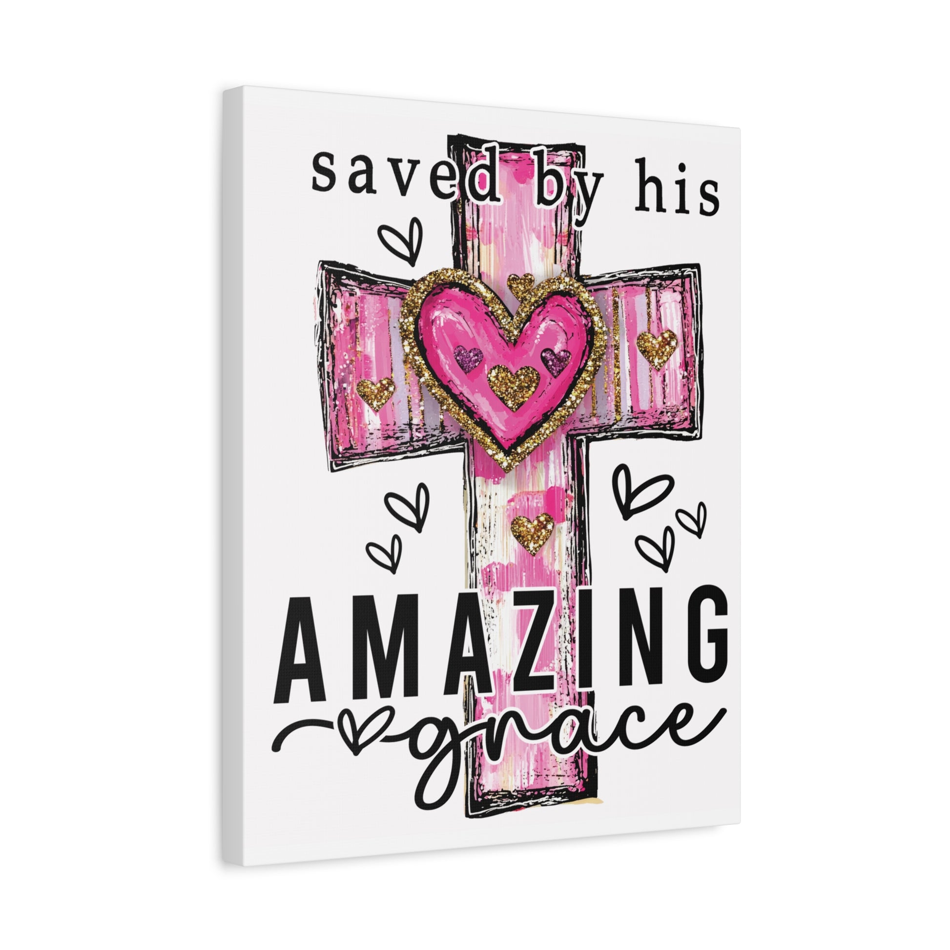 Christian canvas with pink cross, hearts, and text "Saved by His Amazing Grace" – 12x16 or 16x20 by Mugscity