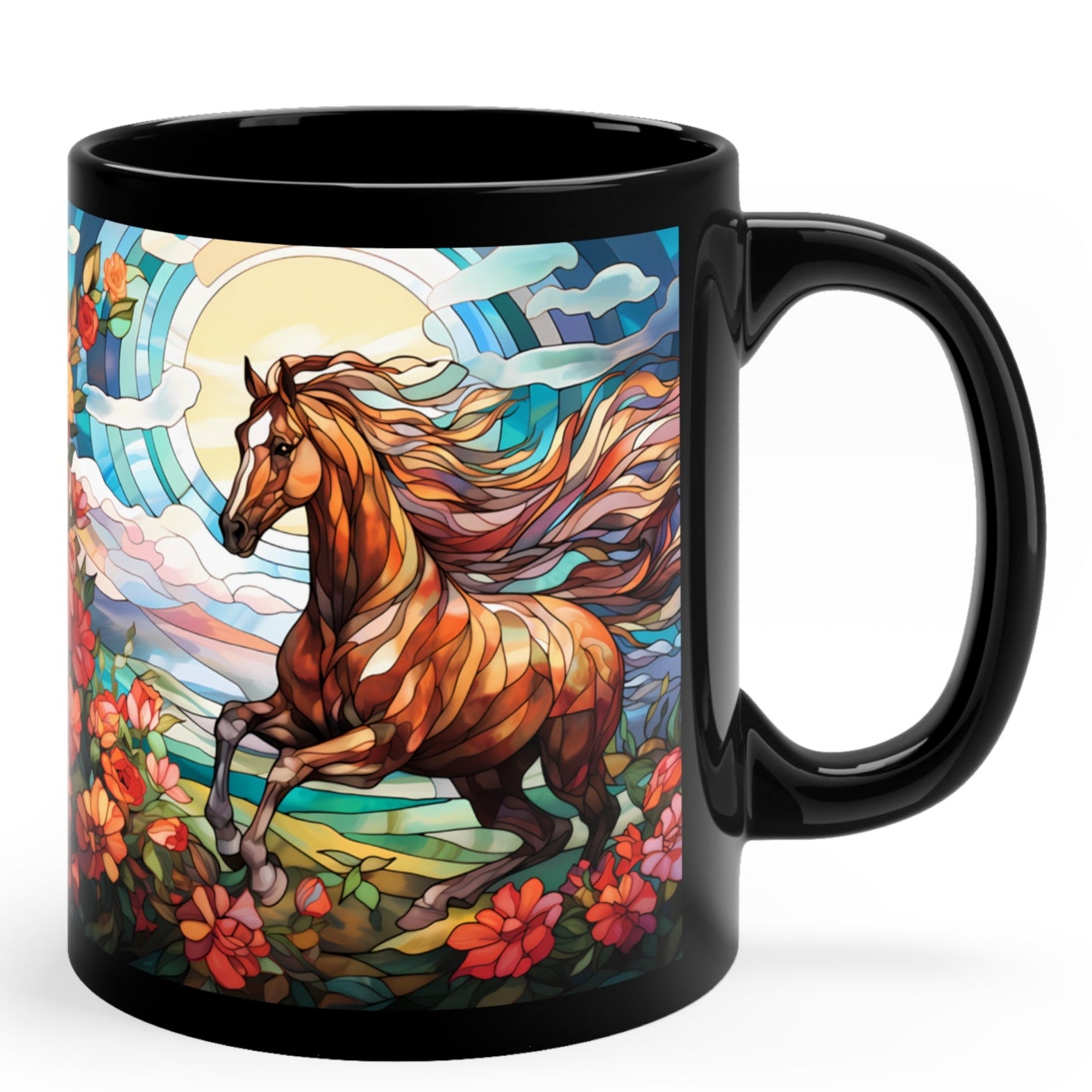 Glossy black ceramic mug featuring a stained glass-style horse with flowing mane and vibrant background of flowers, sun, and sky. 11oz, microwave and dishwasher safe.