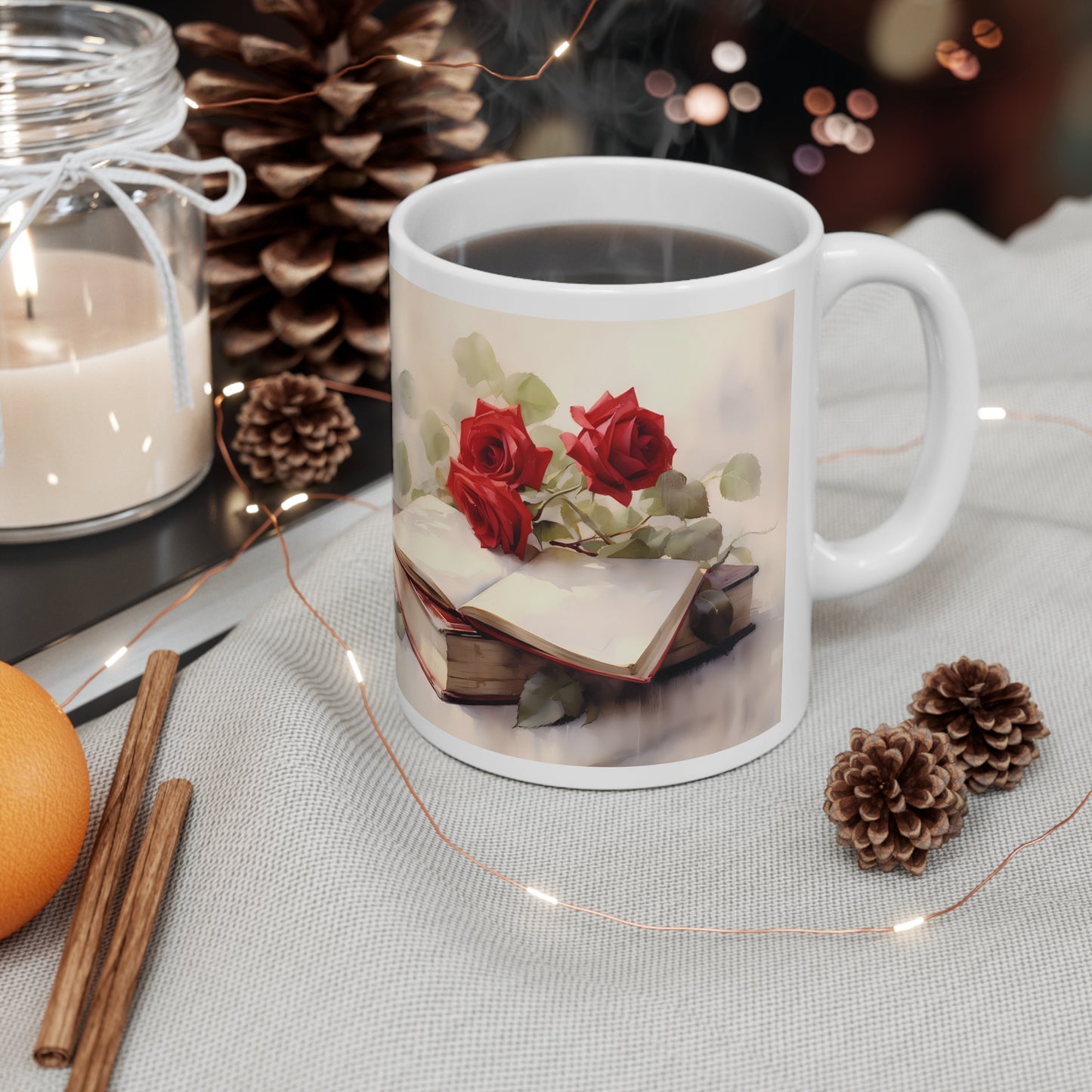 ROSES AND BOOKS (ANTIQUE LOOK) MUG - WHITE - MUGSCITY - Free Shipping