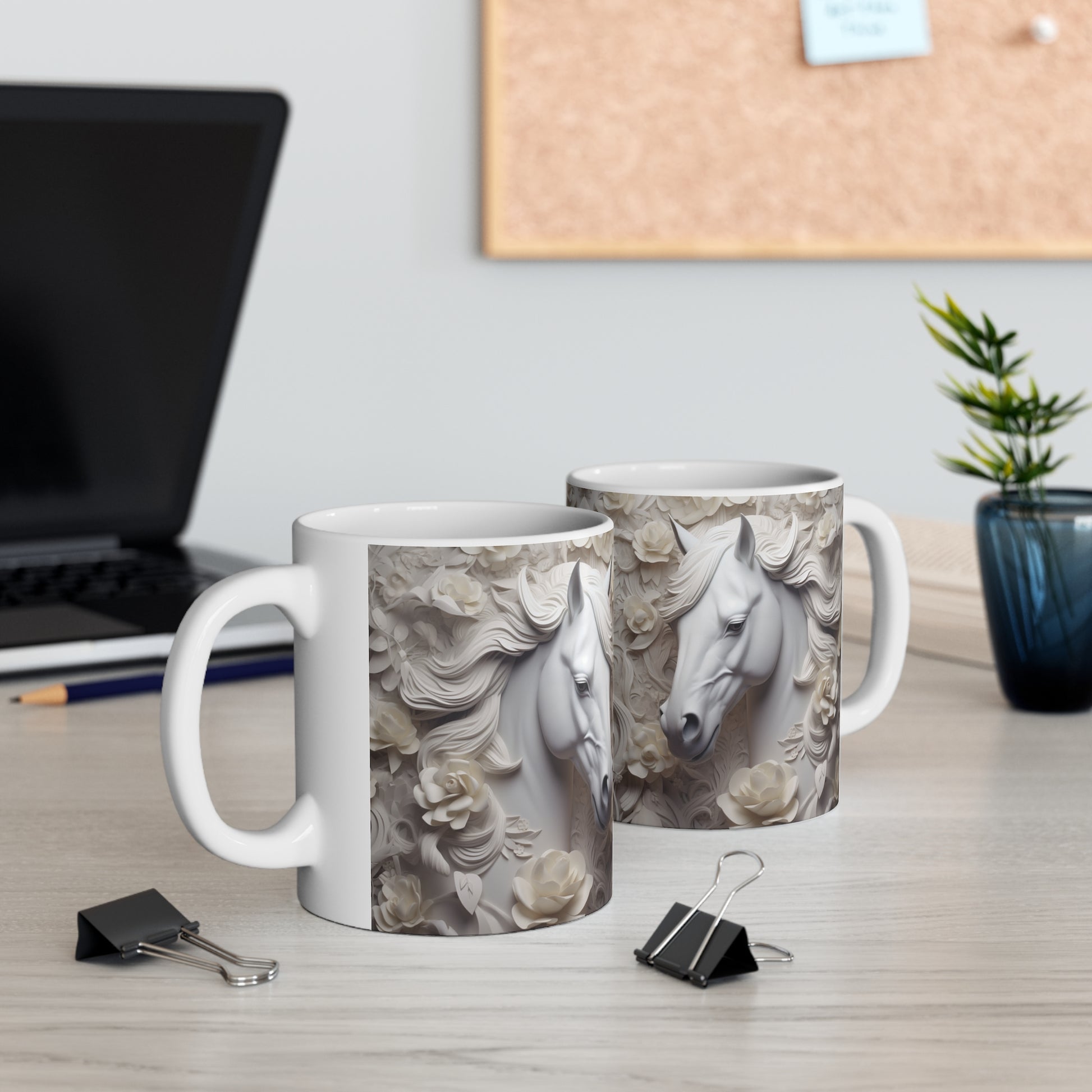 Elegant white ceramic mug featuring a majestic white horse surrounded by delicate white flowers. 11oz, microwave and dishwasher safe.