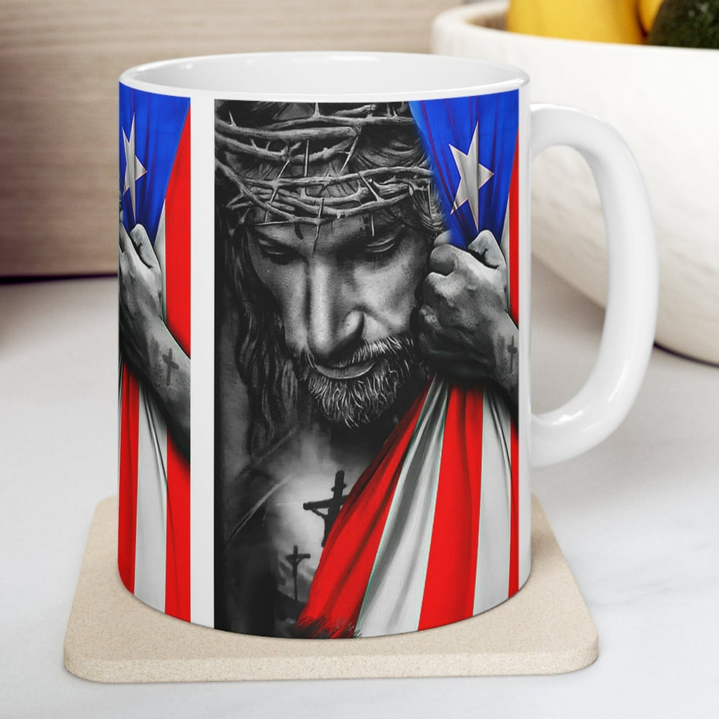 JESUS HUGGING PUERTO RICAN FLAG MUG - WHITE - MUGSCITY - Free Shipping