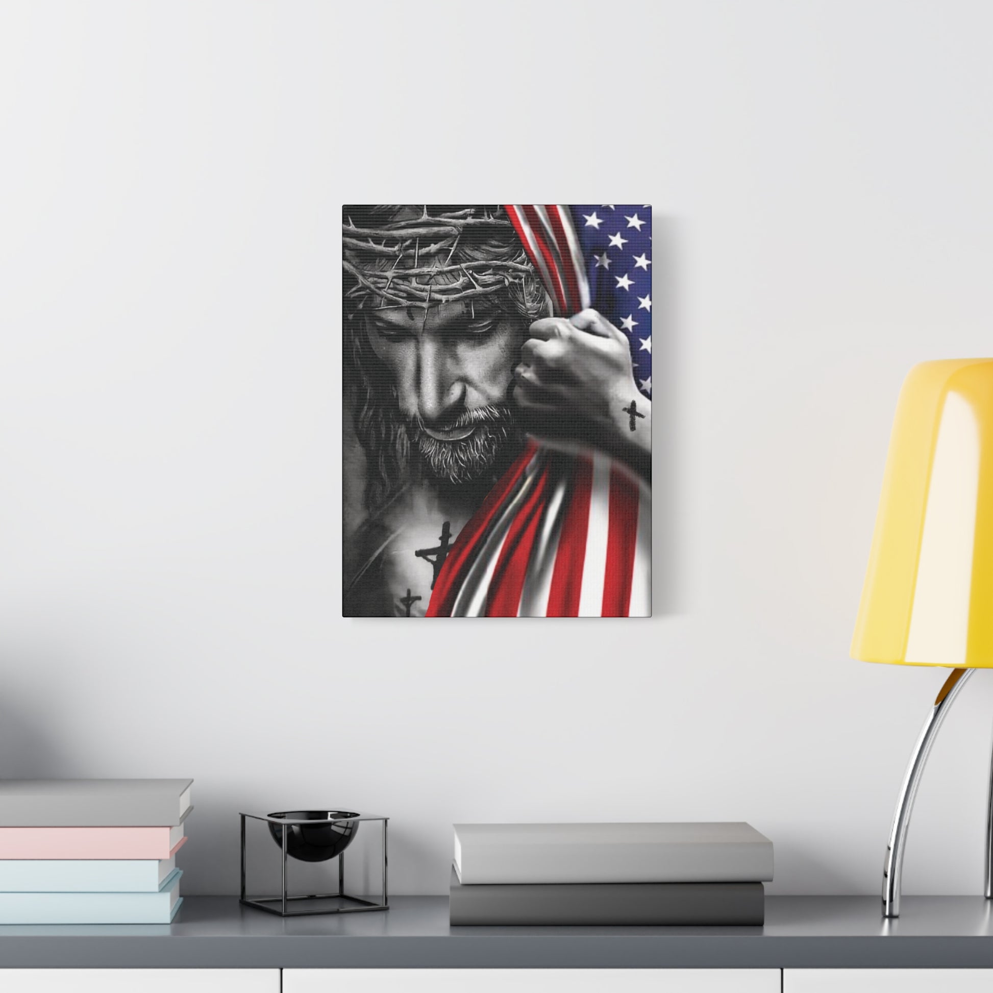 Jesus with crown of thorns pulling American flag to reveal cross – Canvas art 12x16 or 16x20 by Mugscity