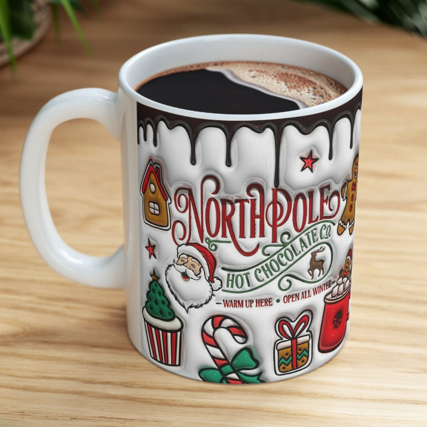 Christmas mug with North Pole Hot Chocolate Co. design, Santa, gingerbread, cocoa and candy canes