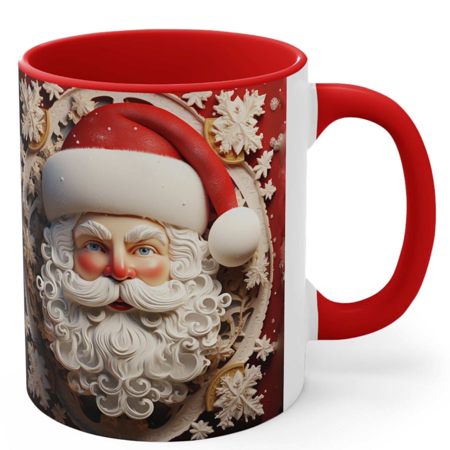 Christmas mug with vintage Santa Claus face and 3D snowflake textured design