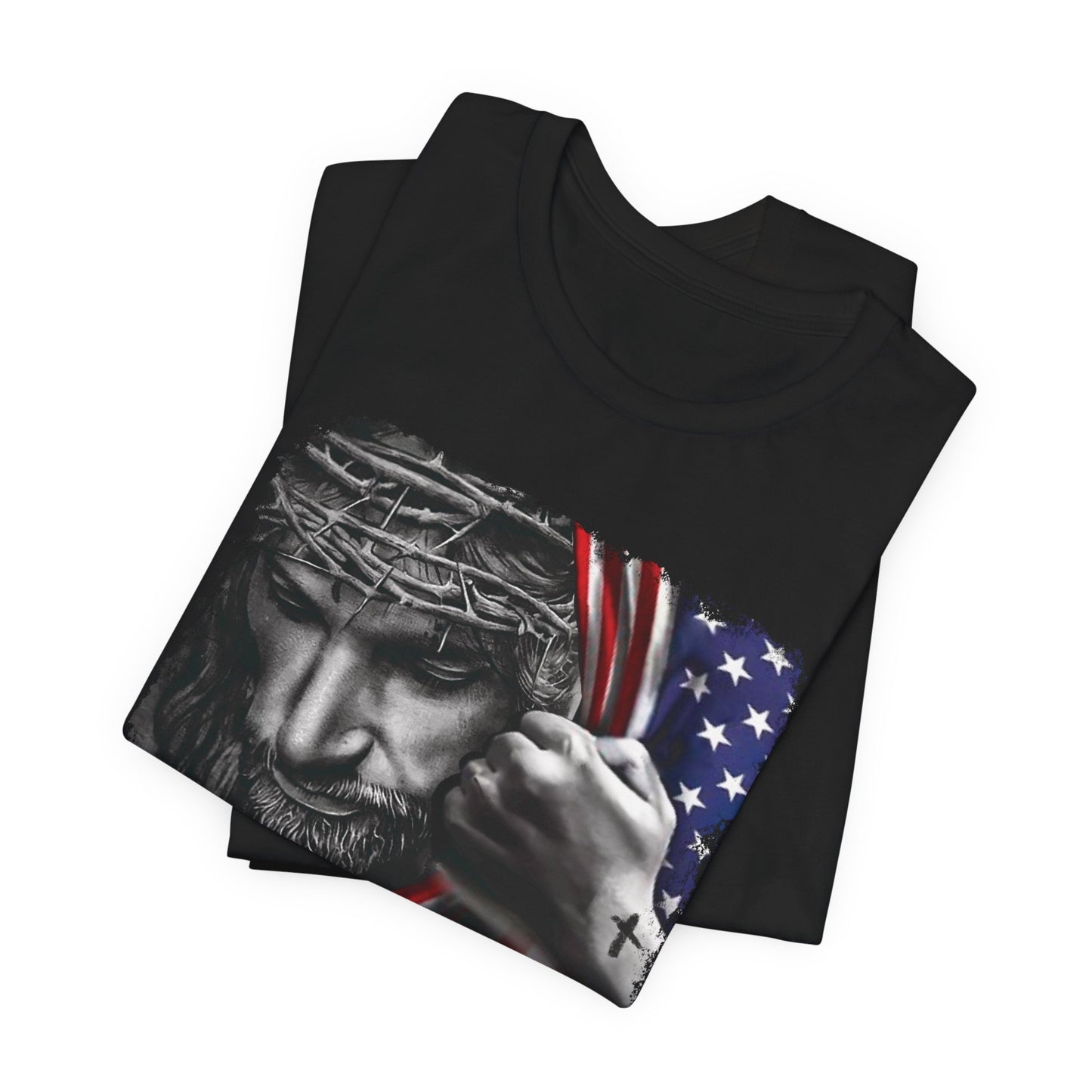JESUS WITH UNITED STATES FLAG UNISEX T-SHIRT