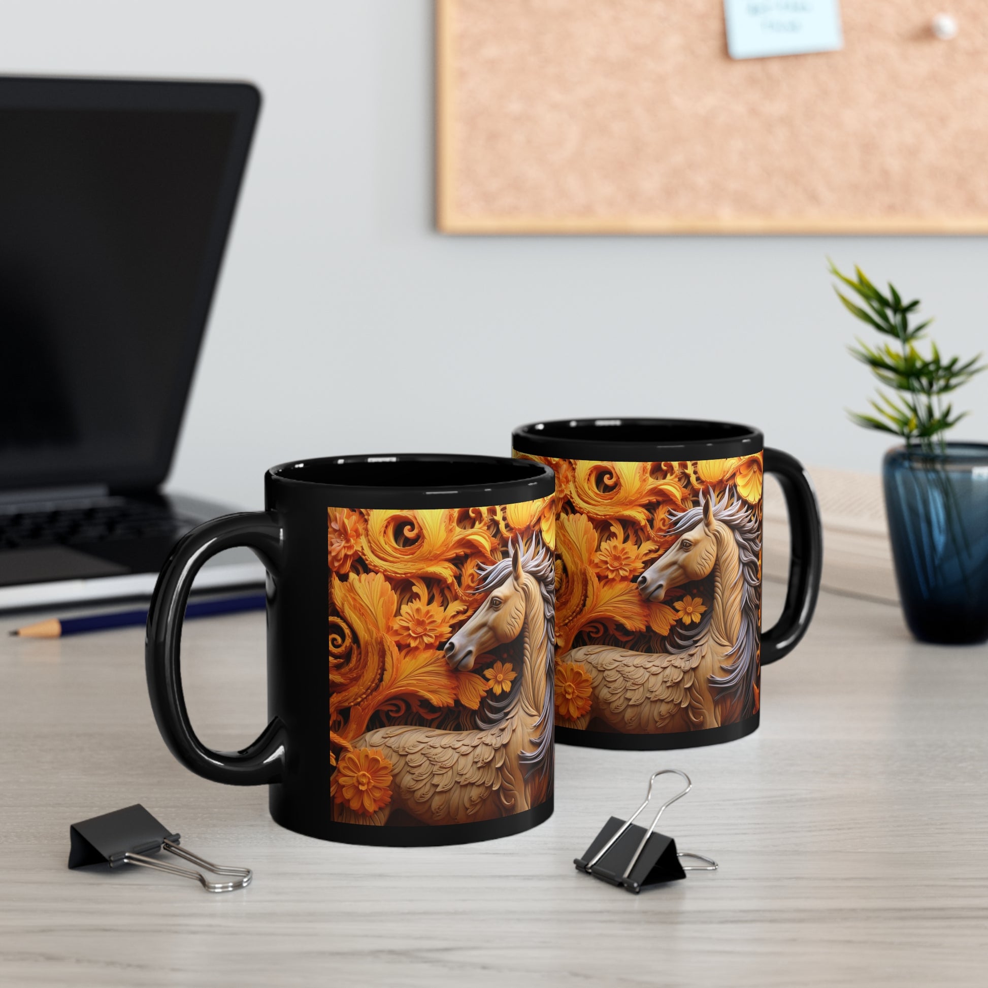 Glossy black ceramic mug featuring a sculpted-style tan horse with flowing gray mane and ornate golden floral background. 11oz, microwave and dishwasher safe.