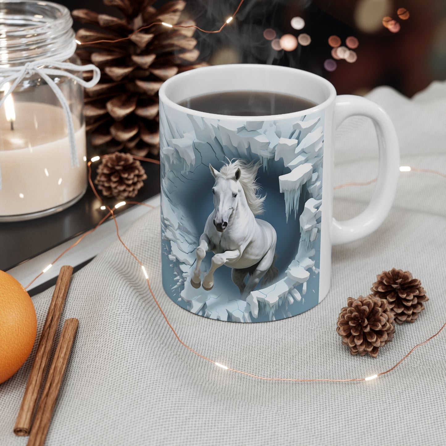 Ceramic mug featuring a dynamic 3D image of a white galloping horse. 11oz, microwave and dishwasher safe.