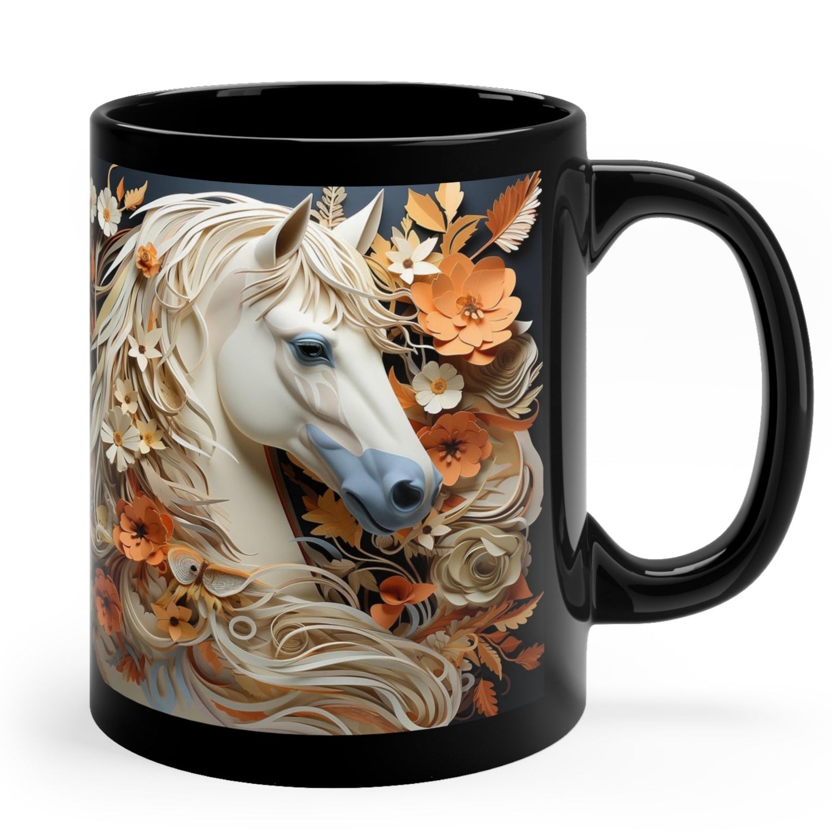 Glossy black ceramic mug featuring a white horse with a flowing floral mane surrounded by orange and cream flowers. 11oz, microwave and dishwasher safe.