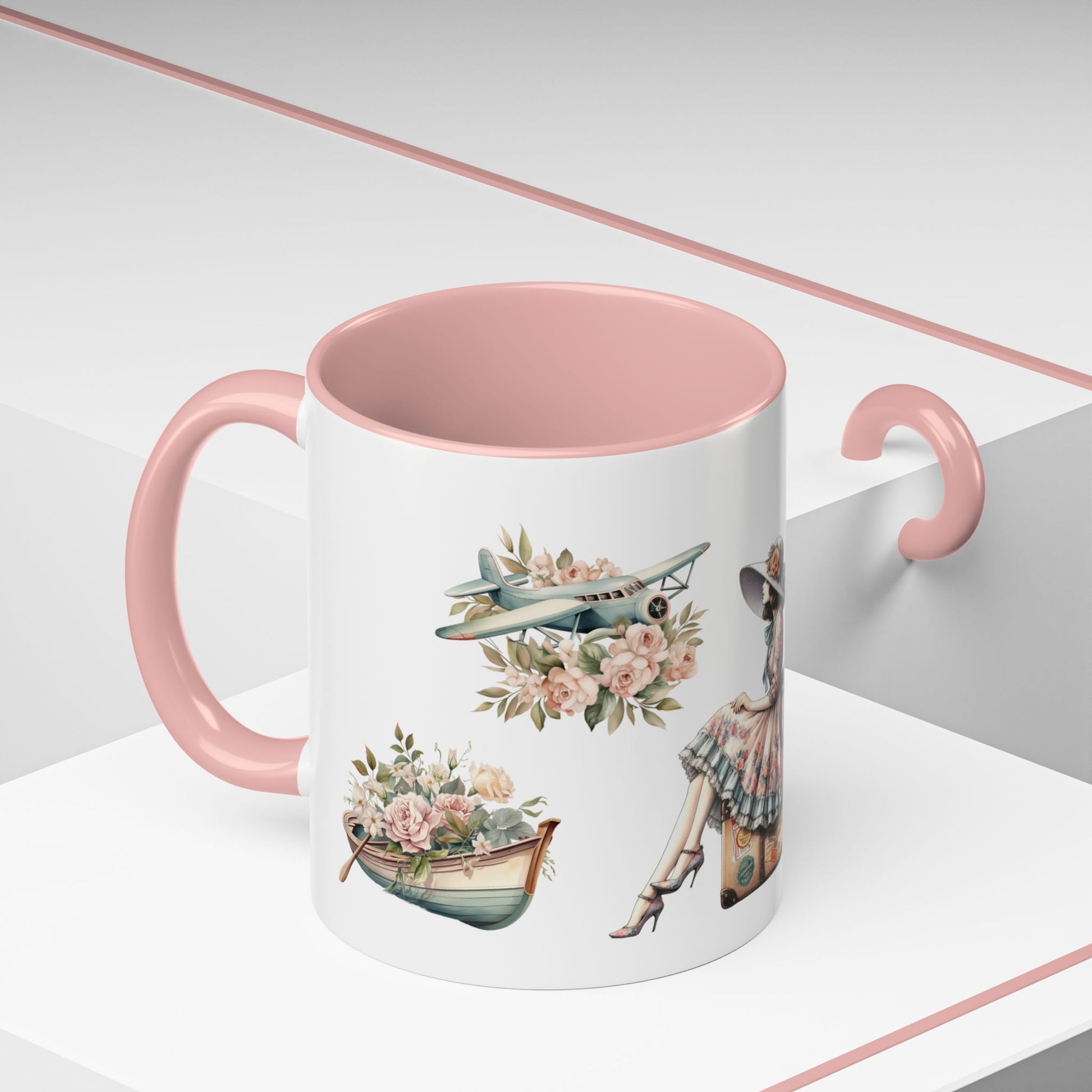 vintage floral travel mug with woman, suitcase, airplane and camper