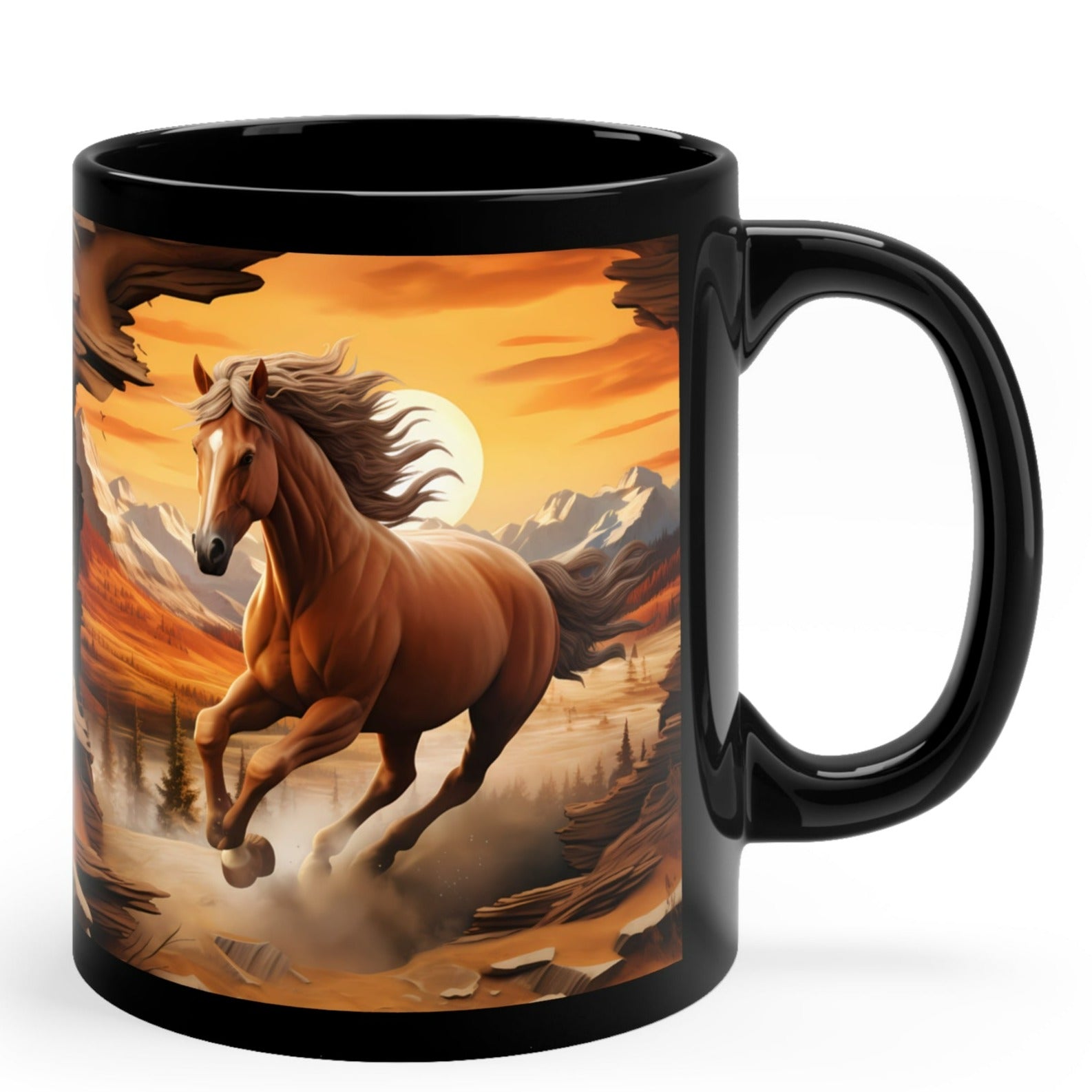 Glossy black ceramic mug featuring a powerful wild horse galloping through a canyon landscape at sunset. 11oz, microwave and dishwasher safe.