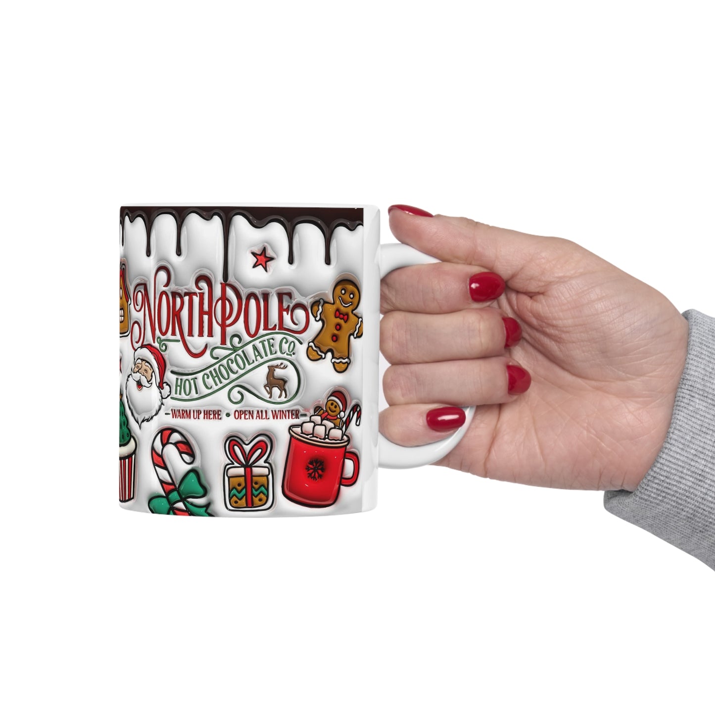 Christmas mug with North Pole Hot Chocolate Co. design, Santa, gingerbread, cocoa and candy canes