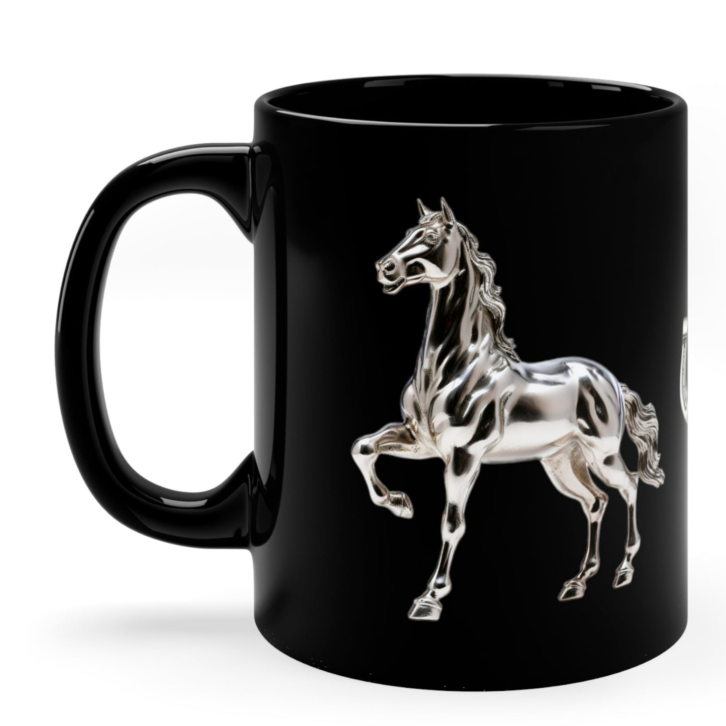 Glossy black ceramic mug featuring a 3D silver horse design. 11oz, microwave and dishwasher safe, free shipping, perfect for horse lovers.