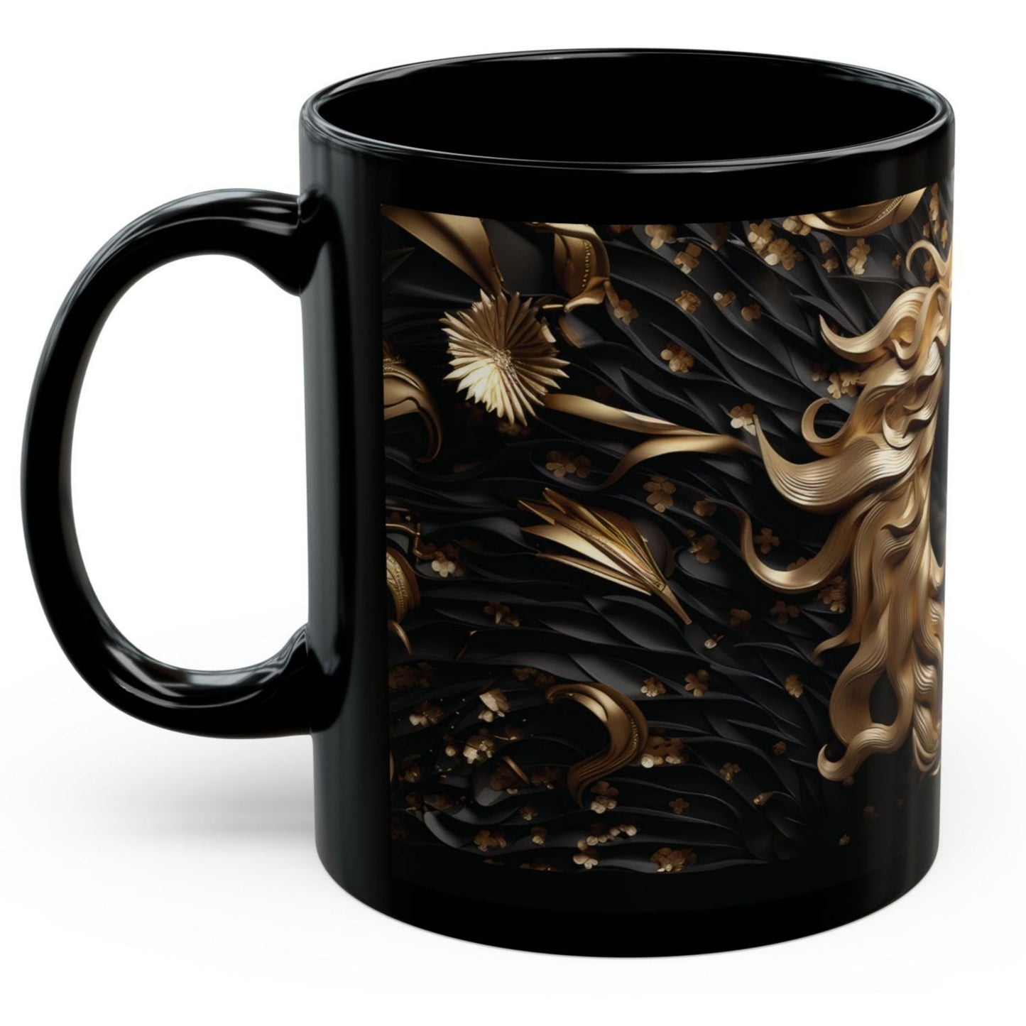 Luxurious black ceramic mug featuring a stunning black and gold horse design. 11oz, microwave and dishwasher safe, perfect for horse lovers.