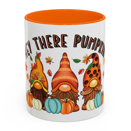 Hey There Pumpkin mug with three fall gnomes, colorful pumpkins, scattered autumn leaves, and vibrant seasonal design – 11oz ceramic by MUGSCITY23