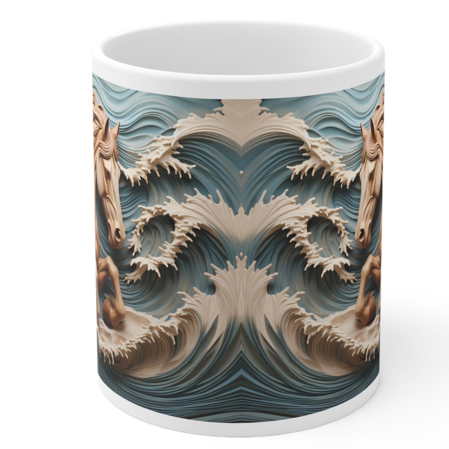 White ceramic mug featuring a sculpted-style tan horse galloping through ocean waves with flowing mane. 11oz, microwave and dishwasher safe.
