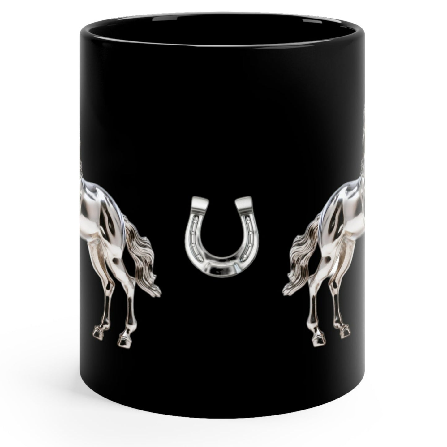 Glossy black ceramic mug featuring a 3D silver horse design. 11oz, microwave and dishwasher safe, free shipping, perfect for horse lovers.