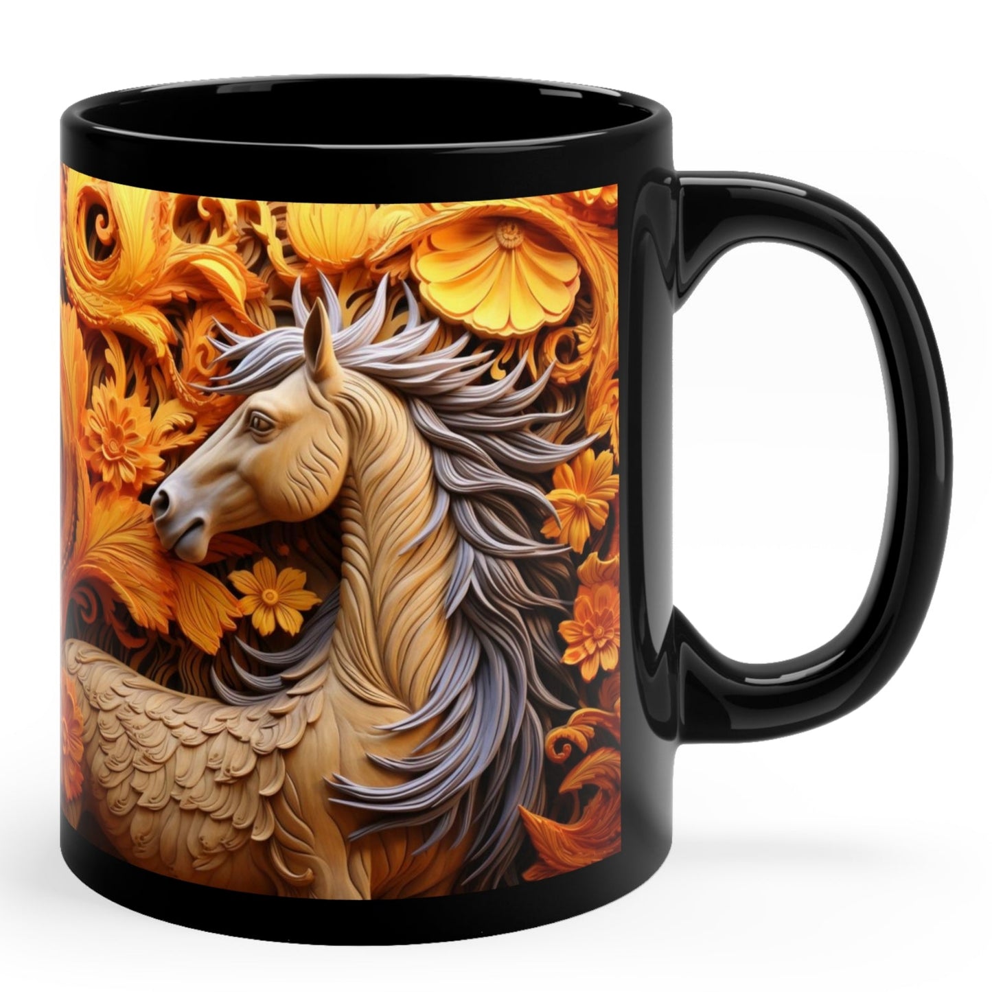 Glossy black ceramic mug featuring a sculpted-style tan horse with flowing gray mane and ornate golden floral background. 11oz, microwave and dishwasher safe.