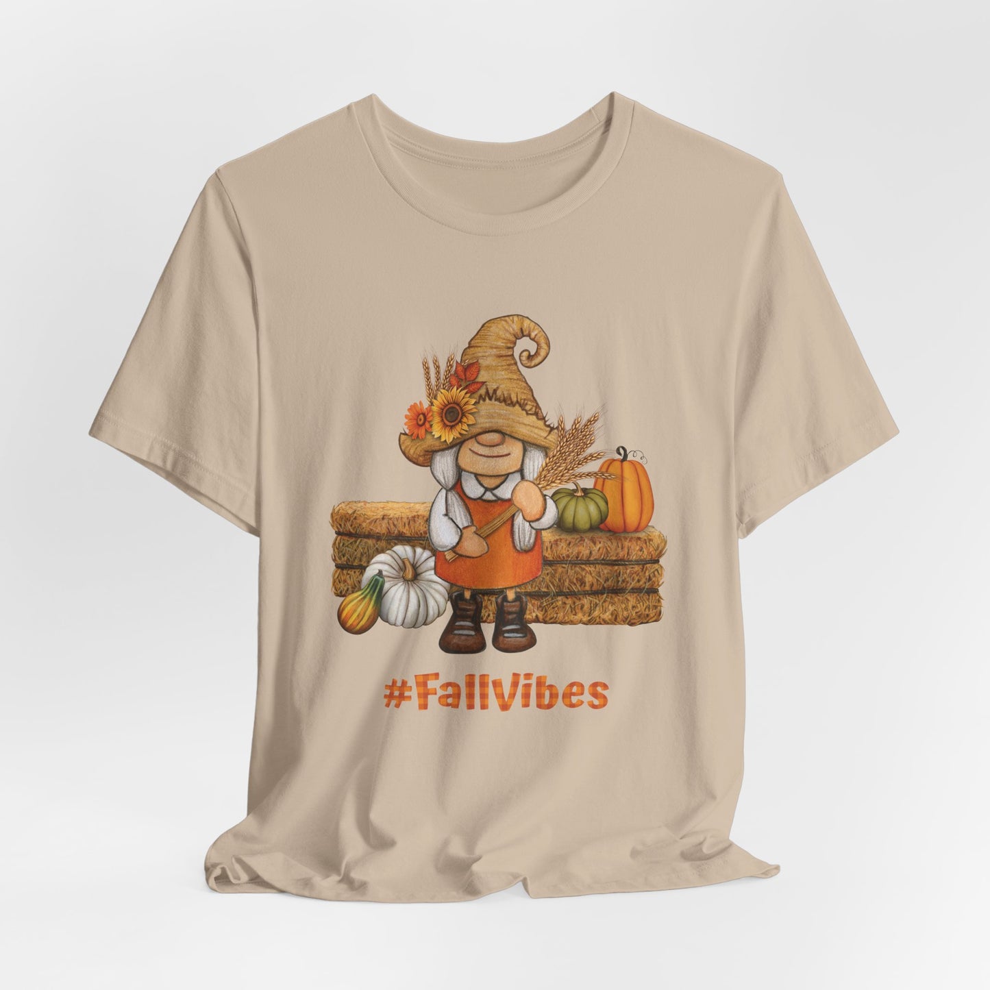 Cute Fall Gnome Shirt with pumpkins, sunflowers, and #FallVibes on soft beige T-shirt – autumn season design