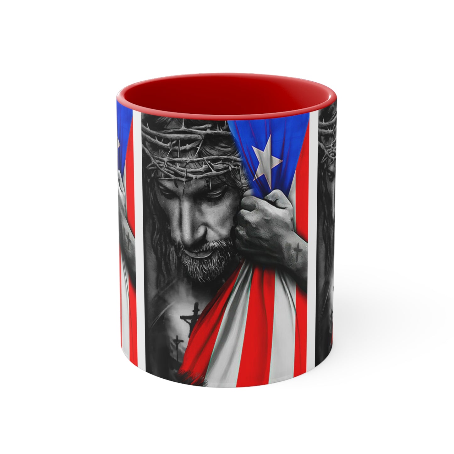 JESUS HUGGING PR FLAG MUG - Red, Black, Blue, Navy Accents - MUGSCITY - Free Shipping