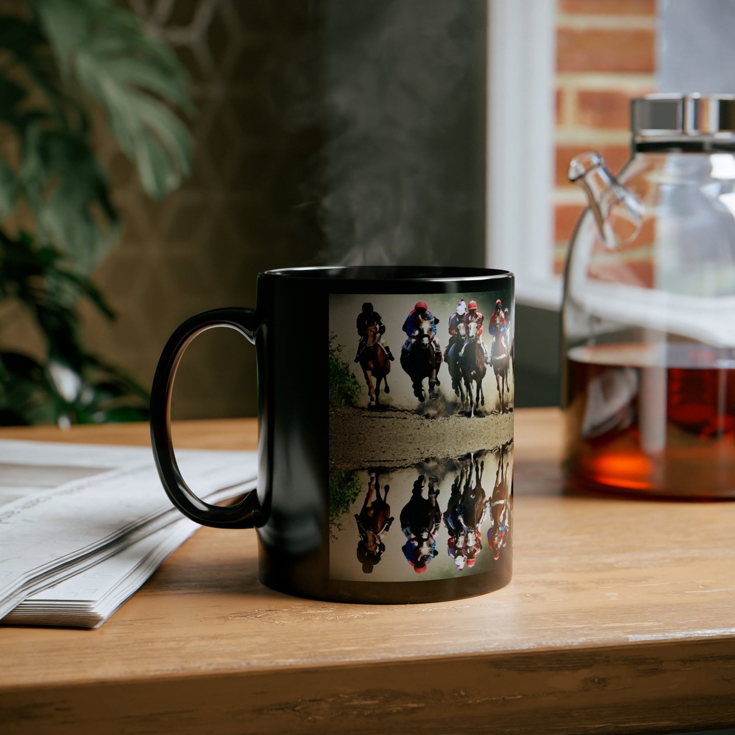 Glossy black ceramic mug featuring a dynamic image of jockeys in a horse race with a mirrored reflection design. 11oz, microwave and dishwasher safe.
