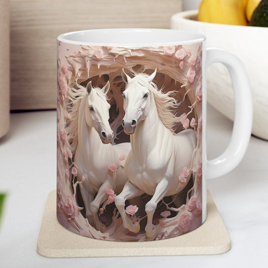 White ceramic mug with a stunning 3D design of two white horses surrounded by delicate pink roses. 11oz, microwave and dishwasher safe.