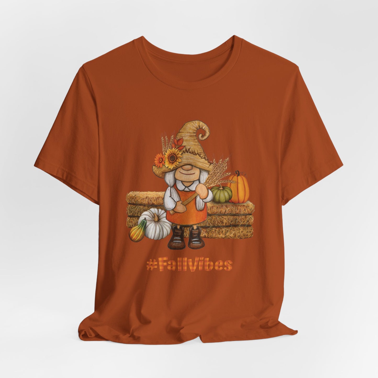 Cute Fall Gnome Shirt with pumpkins, sunflowers, and #FallVibes on soft unisex autumn color T-shirt – autumn season design