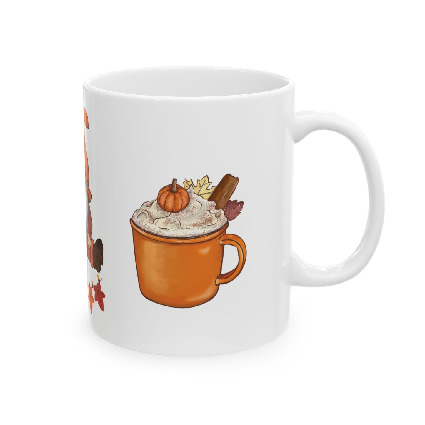 Fall Vibes mug with autumn gnome, stacked pumpkins, falling leaves, and soft 3D look – 11oz ceramic cup by MUGSCITY23
