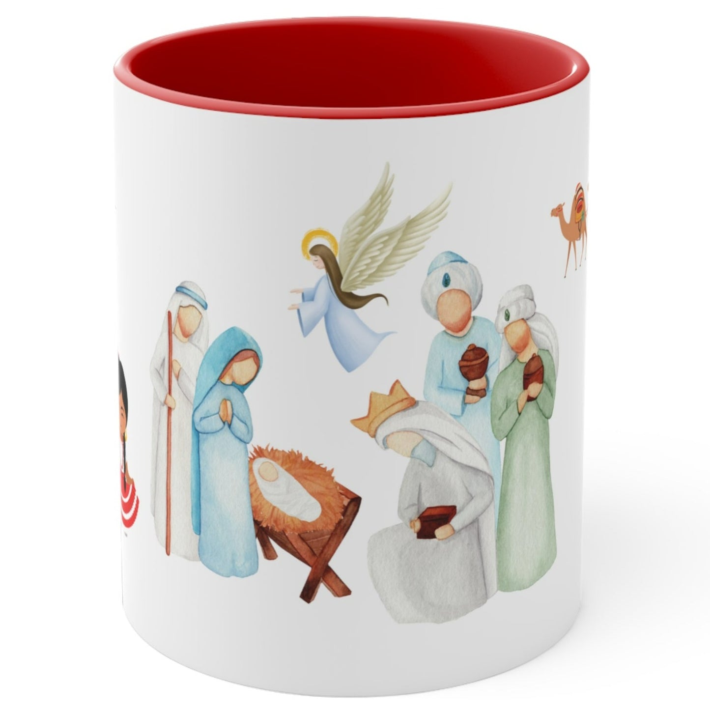 Puerto Rican Christmas nativity mug with Holy Family, angel, Three Kings, camels and jíbaro characters