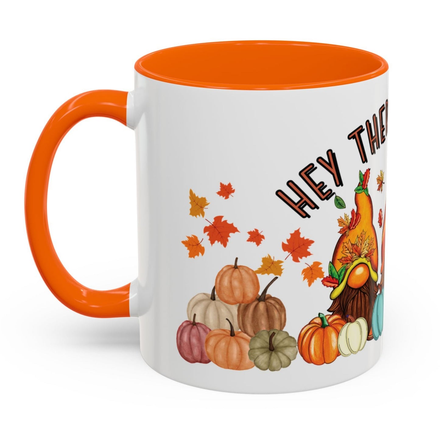 Hey There Pumpkin mug with three fall gnomes, colorful pumpkins, scattered autumn leaves, and vibrant seasonal design – 11oz ceramic by MUGSCITY23